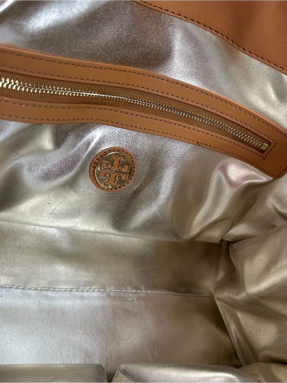 Tory Burch Ella Viva Leather Tote in the distinctive Navy Stripes & Shine design